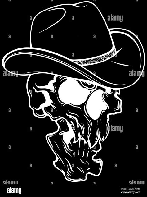white silhouette of Skull cowboy on black background. digital hand draw design Stock Vector ...