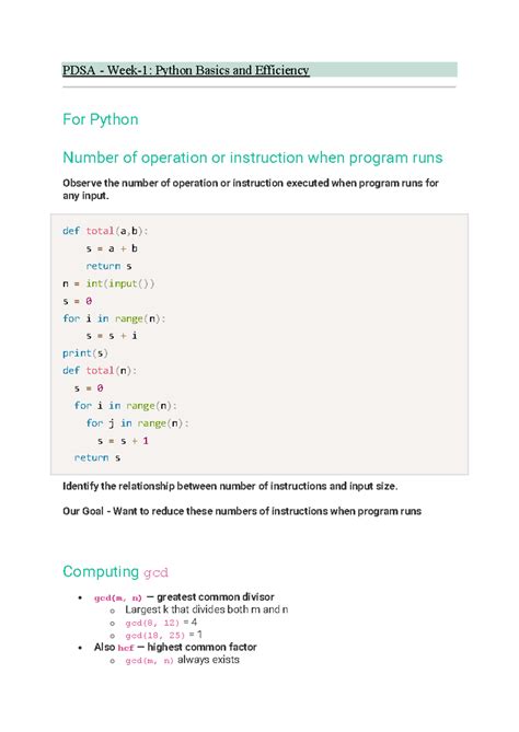 PDSA Python Basics: Efficiency and GCD Computation Techniques - Studocu