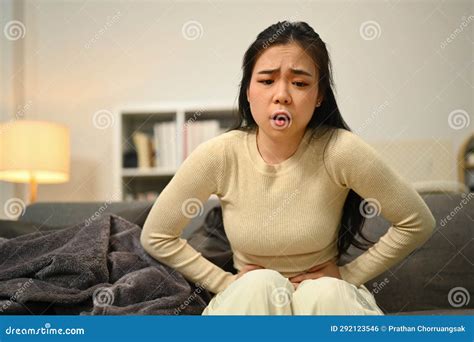 Unhappy Young Woman Holding Belly Suffering from Stomachache, Diarrhea ...