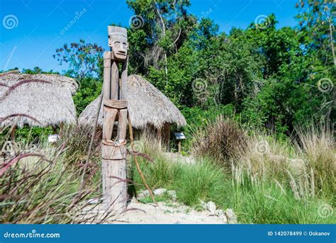 Wooden Taino Idol and Huts in Village in Dominican Republic Stock Image ...