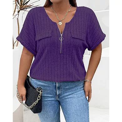 Womens Plus Size Short Sleeve Zipper V Neck Tops Solid Color Tunic ...