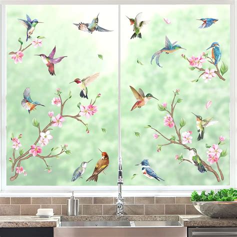 decalmile Hummingbirds Spring Double Sided Window Clings Flowers Branch ...