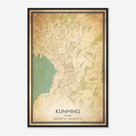 Vintage Kunming China Map Poster, Kunming City Road Wall Art Print - Custom Maps & Posters