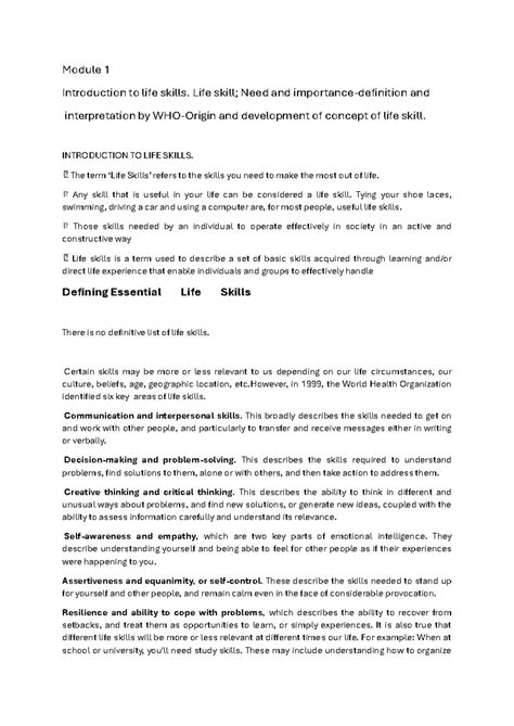 Oc life skill application notes - Module 1 Introduction to life skills ...