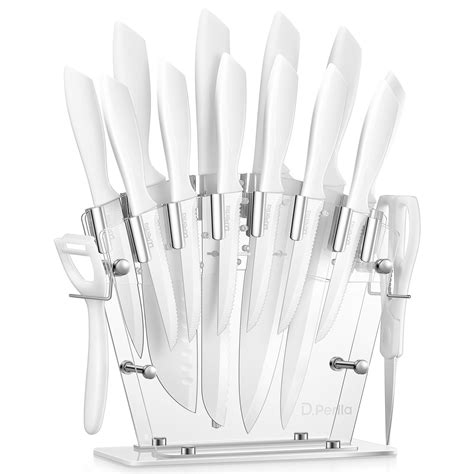 D.Perlla 16-Piece White Knife Set with Acrylic Stand, High Carbon Stainless Steel, Non Stick, No ...
