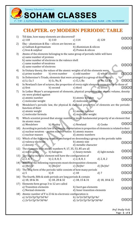 Modern Periodic Table MCQs – CET 2020 Exam Preparation - Studocu