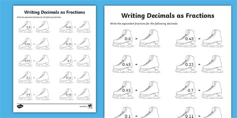 Fourth Grade Writing Decimals as Fractions Winter Worksheet