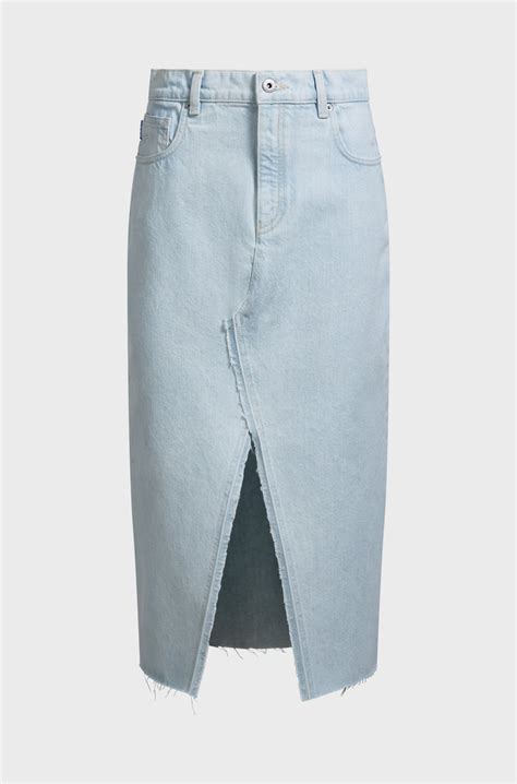 HUGO - Midi skirt in blue denim with frayed hem - Light Blue