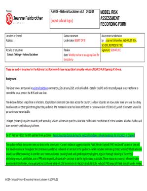 Fillable Online Insert school logo MODEL RISK ASSESSMENT RECORDING FORM ...