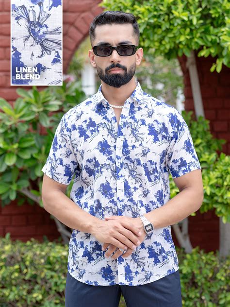 Buy Blue Floral Print Linen Blend Half Sleeve Shirt Online