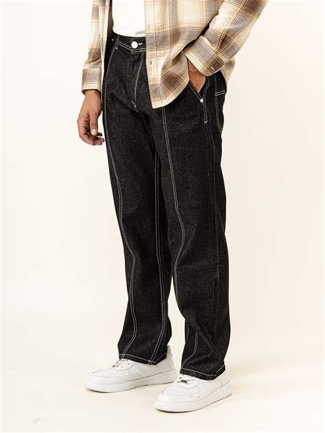 Buy Black Flared Straight Fit Denim Cargo Jeans Online | Tistabene