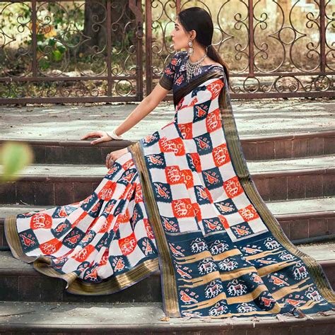 White Patola Printed Cotton Silk Saree With Tassels