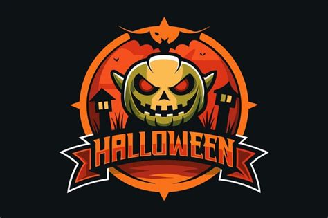 A halloweenthemed logo with a scary pumpkin face bat and houses in the ...