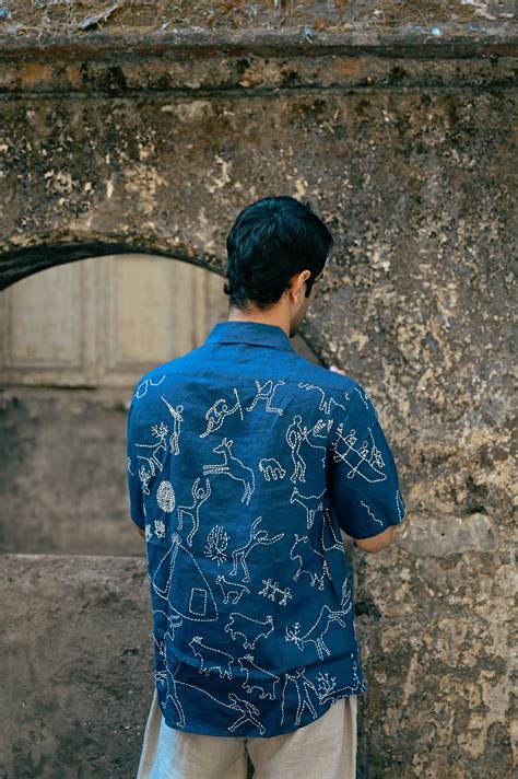 Living with the Flintstones blue linen shirt | Hand-embroidered | Kissa ...