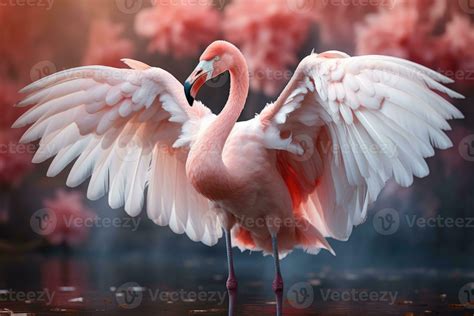 Pink flamingo with spread wings in the misty forest. 3D illustration ...