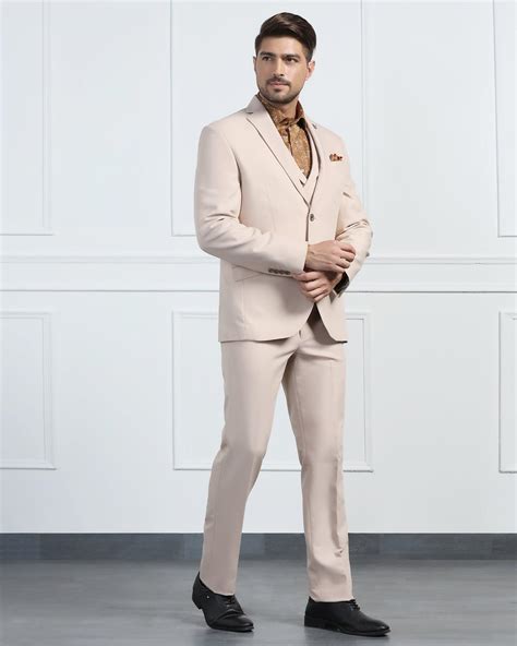 Three Piece Beige Solid Formal Suits - Randle