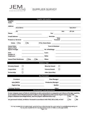Fillable Online Supplier Survey - JEM Engineering Fax Email Print ...