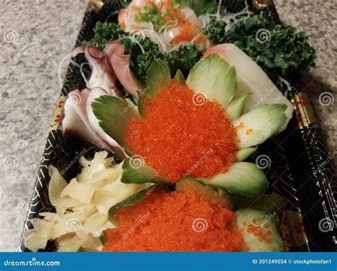 Orange Fish Eggs and Sushi in Container Stock Photo - Image of lunch ...