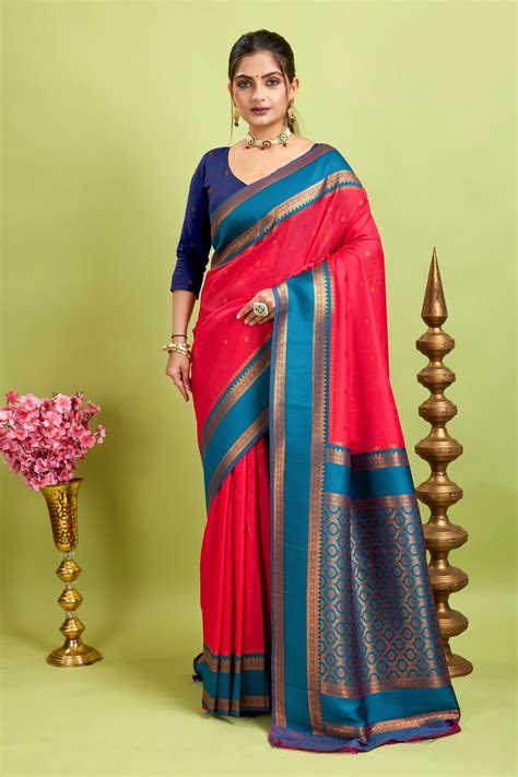 Red Narayan Border Silk Blend Saree Buy Online - Stalktobuy
