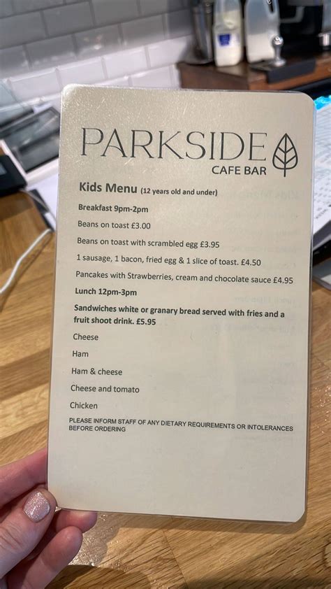 Menu at Parkside Café Bar, Preston