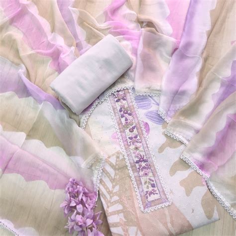 Diwani Soft Lilac Schiffli With Lace Patch Work Printed Cotton Suit Se ...