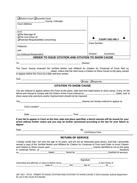 Colorado Citation for Contempt of Court - Blank Fillable Template ...