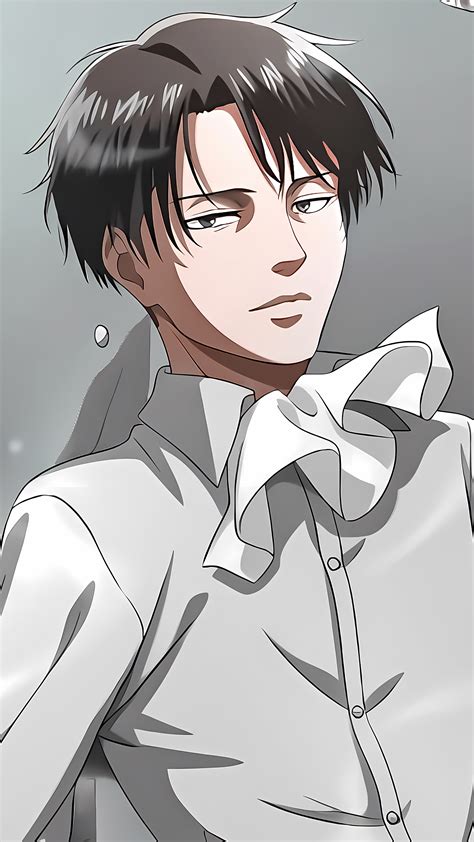 an anime character with black hair wearing a white shirt and grey pants ...