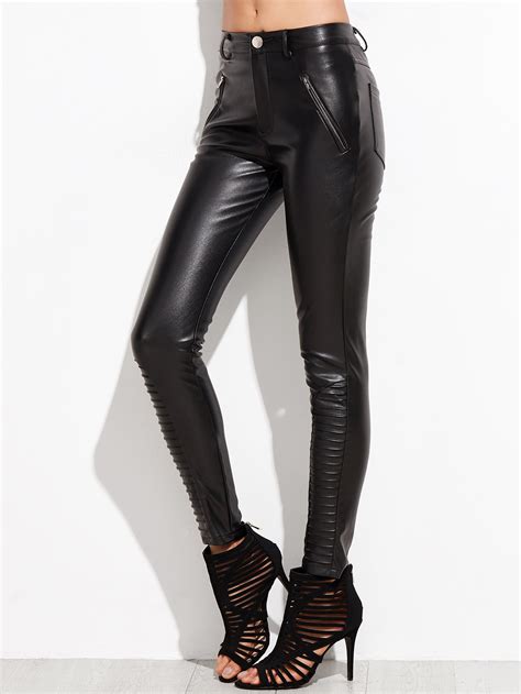 Black Skinny PU Leather Pants With Zipper Pockets -SheIn(Sheinside)