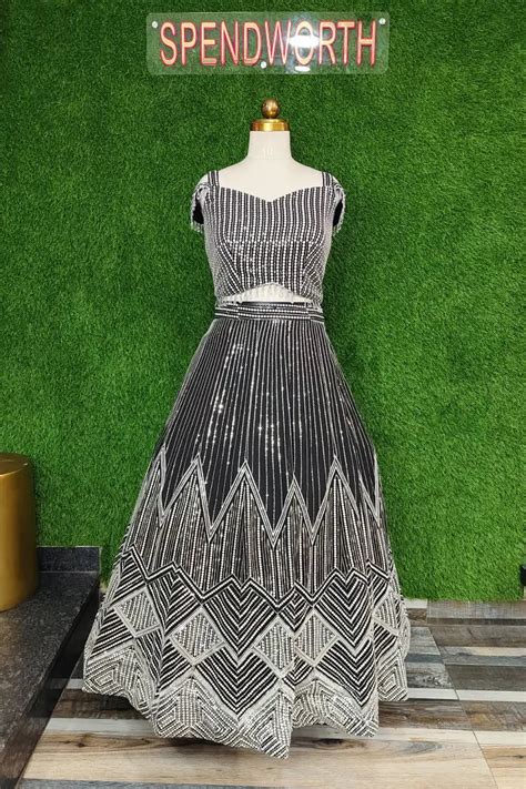 Georgette Cape Sleeves Crop Top Skirt With Contrast White Embroidery o ...