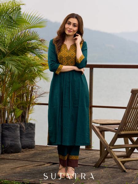 Artisanal Teal Cotton Kurta featuring Contrast Mustard Ajrakh Print Pa ...