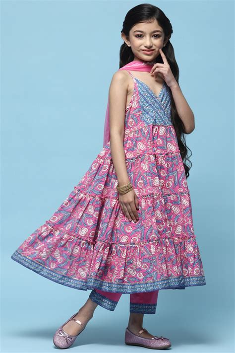 Buy Pink Cotton Tiered Kurta With Palazzo & Net Dupatta Online at Biba ...