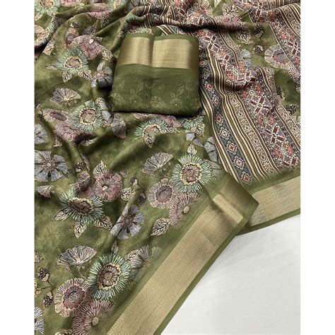 Green Floral Digital Printed Moss Georgette Saree With Zari Border