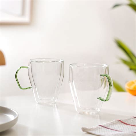 Set Of 2 Transparent Glass Mugs With Green Handle 250ml Online ...