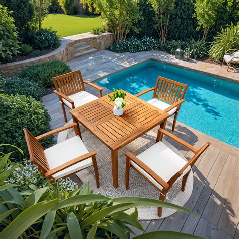 Homall Outdoor Furniture 5 Sets Patio Acacia Wood Table and Chairs with ...