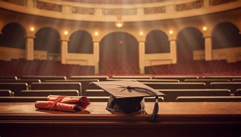 A photograph of a lone graduation cap and diploma resting on an empty ...
