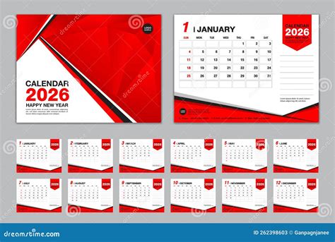 Calendar 2026 Template Set Vector, Week Starts Sunday, Set of 12 Month ...
