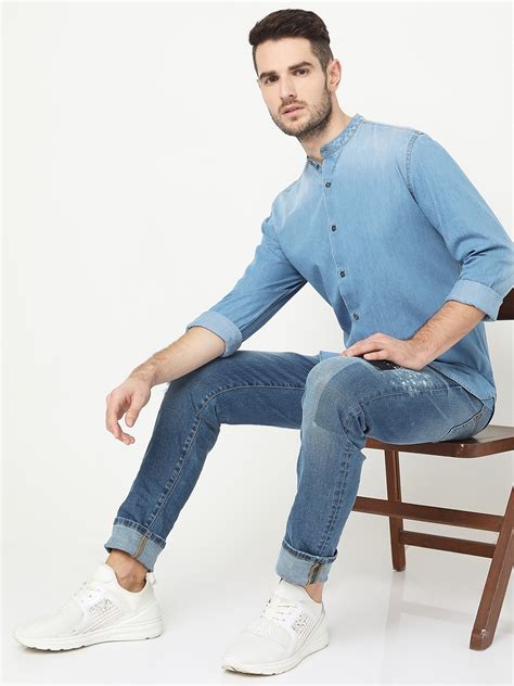 Men's Mandarin Collar Light Wash Denim Shirt
