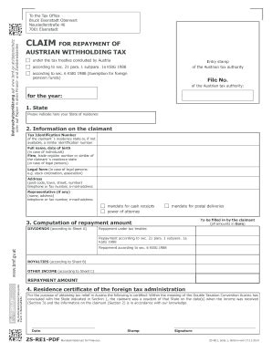Fillable Online ZS-RE1 - Claim for repayment of Austrian withholding ...