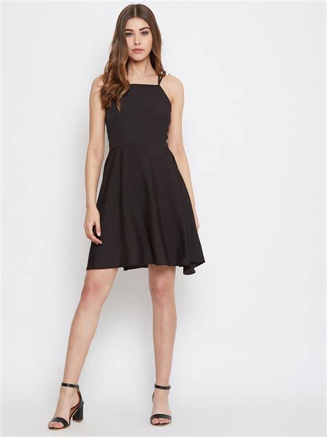 Berrylush Women Solid Black Caged Back Tie-Up Fit & Flare Mini Dress