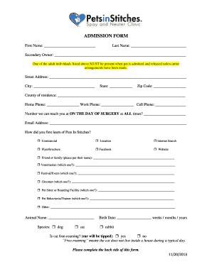 Fillable Online ADMISSION FORM - Pets In Stitches Fax Email Print ...