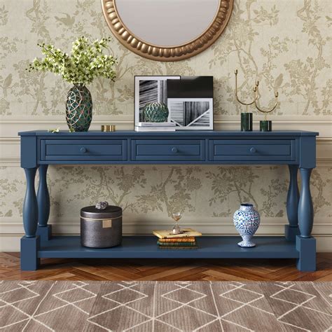 64" Long Navy Blue Console Table with Drawers