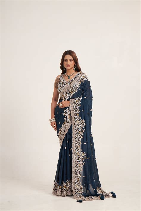 Airforce Blue Grace Pure Chinon Saree