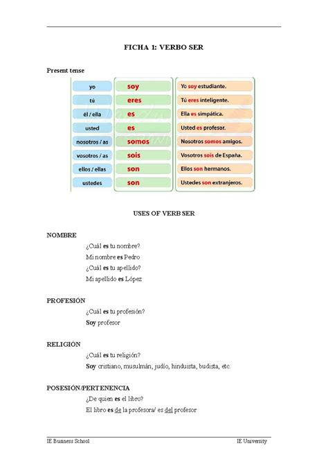 VERB SER: Present Tense Uses & Exercises (IE Business School) - Studocu