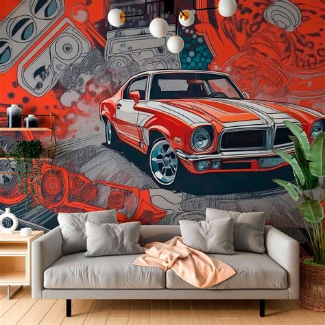 Vintage Car Wallpaper Mural - Bright Red Car Wall Decor - Sports Car Wall Art - Car Wall Mural ...