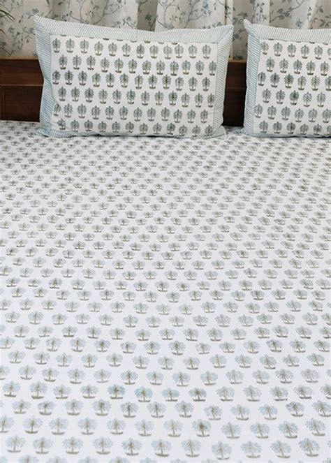 Get Off White And Green Palm Tree Hand Block Printed Percale Cotton ...