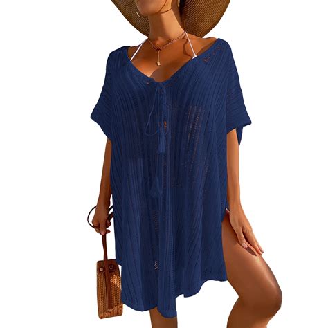 SWSMCLT Women's Beach Cover Up Dress Crochet Slits Knit V Neck High-low ...