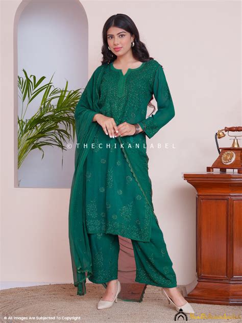 Green Liyana Viscose Chikankari Straight Kurta Set with Dupatta