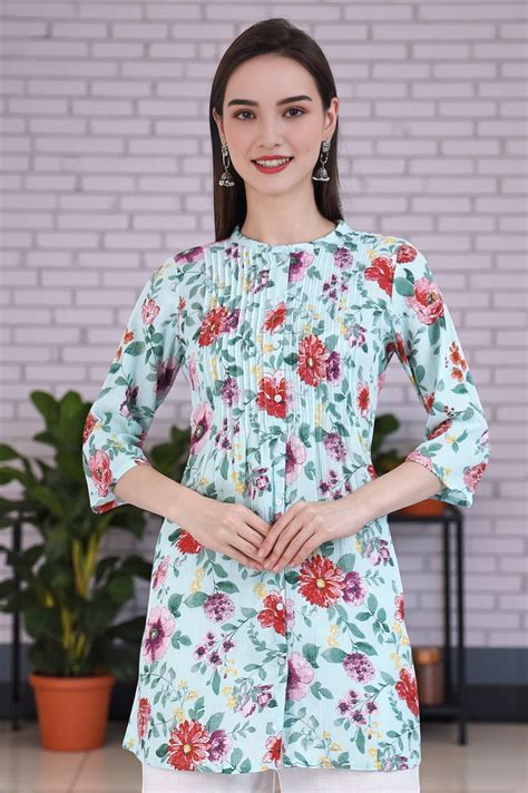 Buy Green Floral Printed Pure Cotton Short Kurti Online for Woman ...