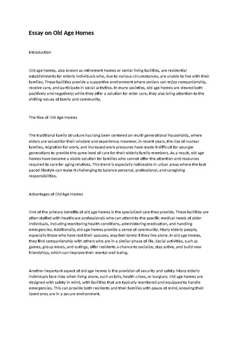 Essay on Old Age Homes: Care, Community, and Challenges - Studocu