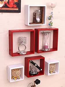 Home Sparkle Set of 6 Square Wall Shelves Engineered Wood (Red & White ...